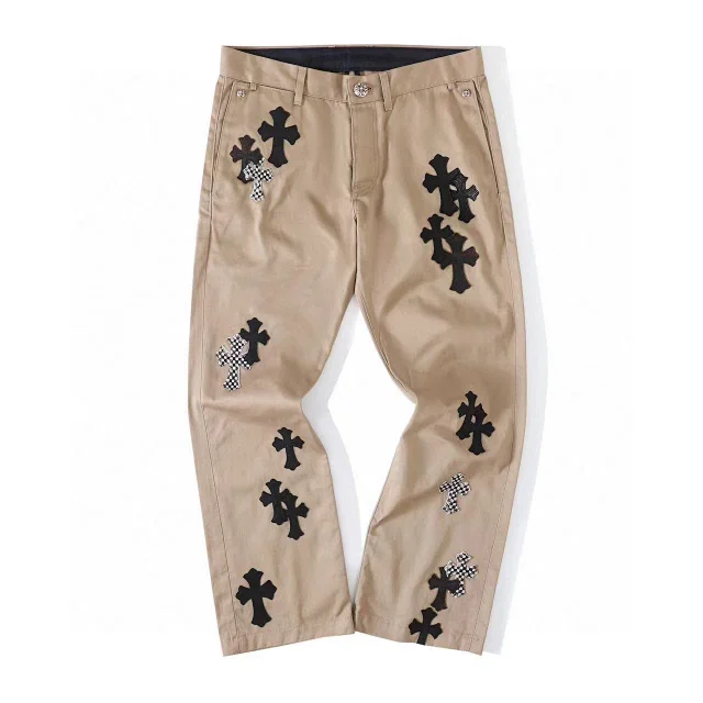 Chrome Hearts Leather Cross Double Knee Pants Black&Checkerboard Patch Chino Pants  