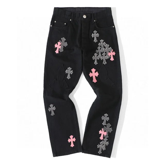 Chrome Hearts Leather Cross Double Knee Pants Black&Checkerboard Patch Chino black Pants   