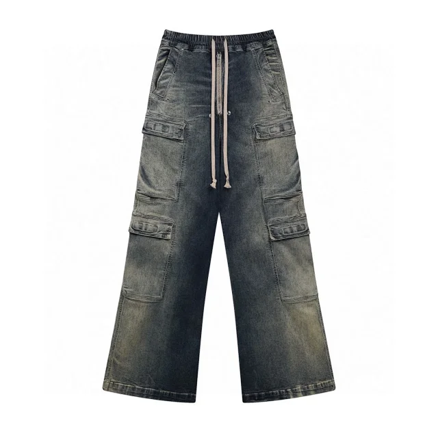 Rick Owens  FEWQ Men's Wide Leg Flared Jeans, Trendy  Workwear Cargo Trousers - Vintage Style with Multiple Pockets  