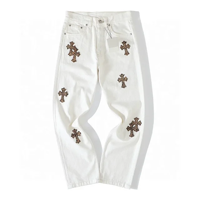 CHROME HEARTS Leopard Print White Jeans In Brown Cross Patch  
